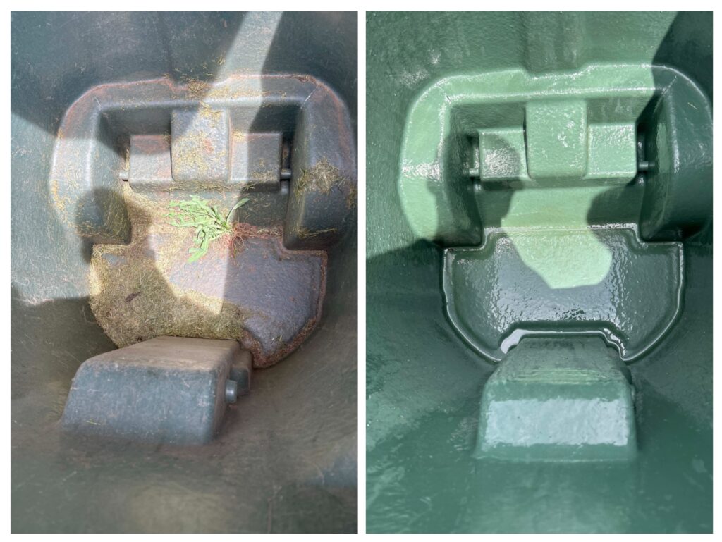 Before picture of a garbage can and an after picture of the same garbage can after Pro-MTC Trash Can Cleaning cleaned it with 180 degree water, a degreaser, a deodorizer, and a disinfectant! They even left it smelling like lavender!